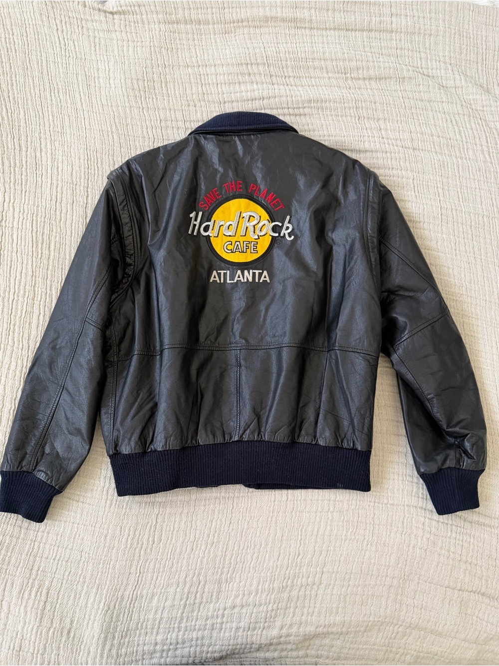 Hard Rock Cafe Black Leather Bomber Jacket with Yellow Logo